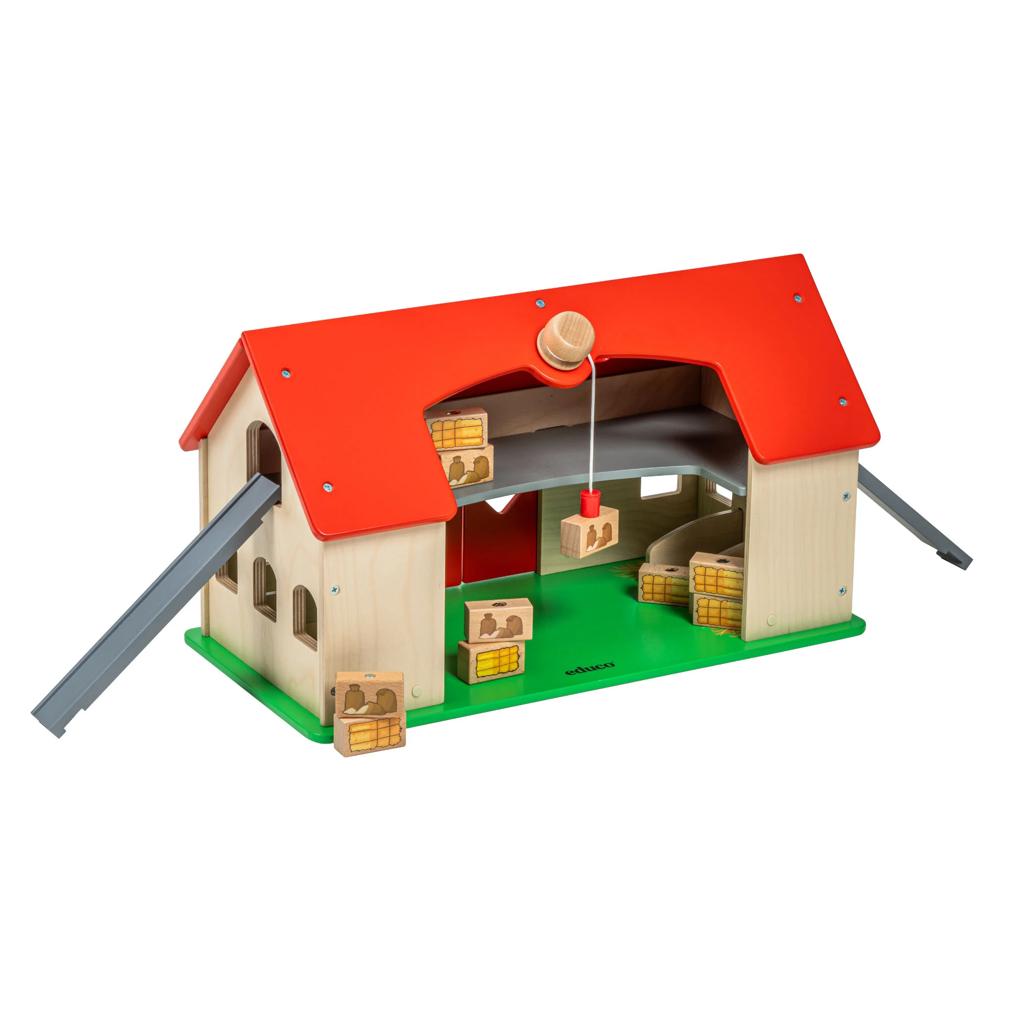 Holzspielzeug, Spielzeugstall, rotes Dach, Holzbausteine, Seilzug