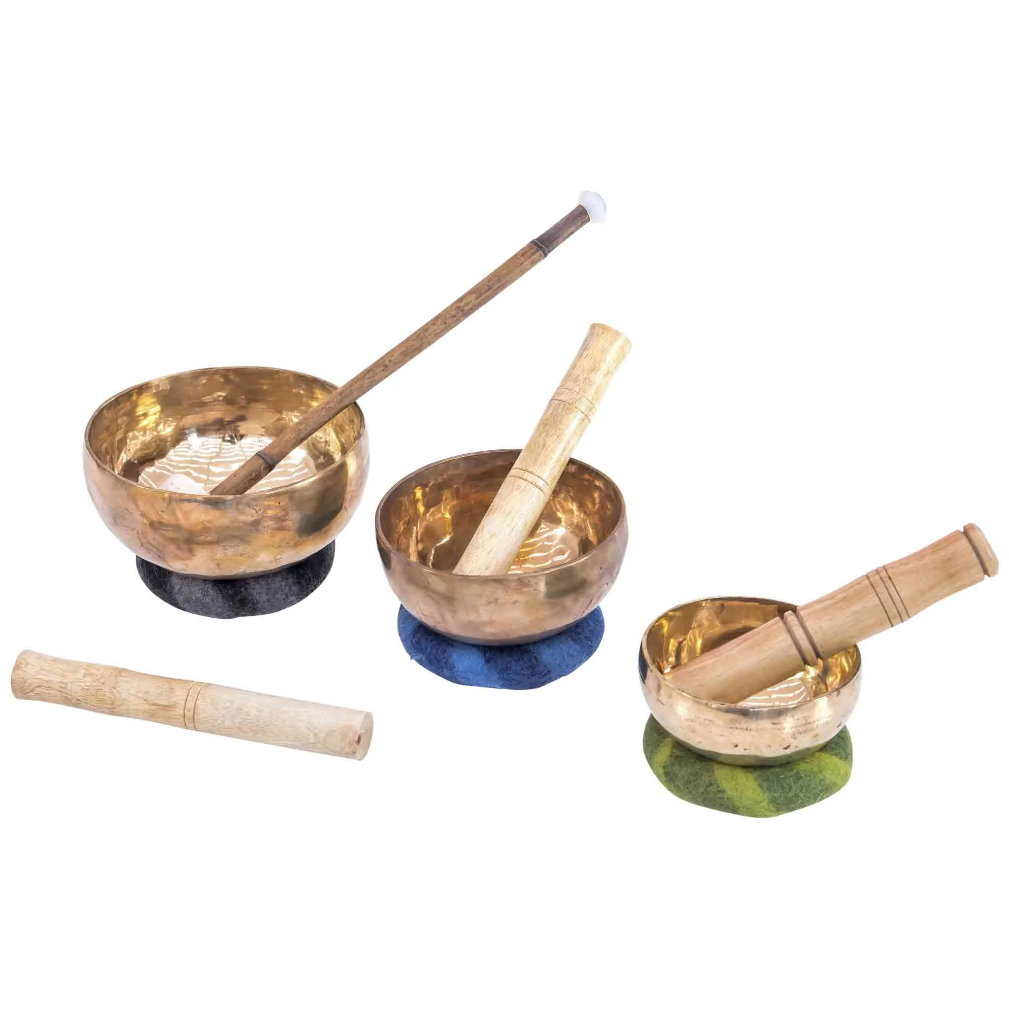 kupfernapfglocke, singing bowls, hand bells, mallet, set with cushions