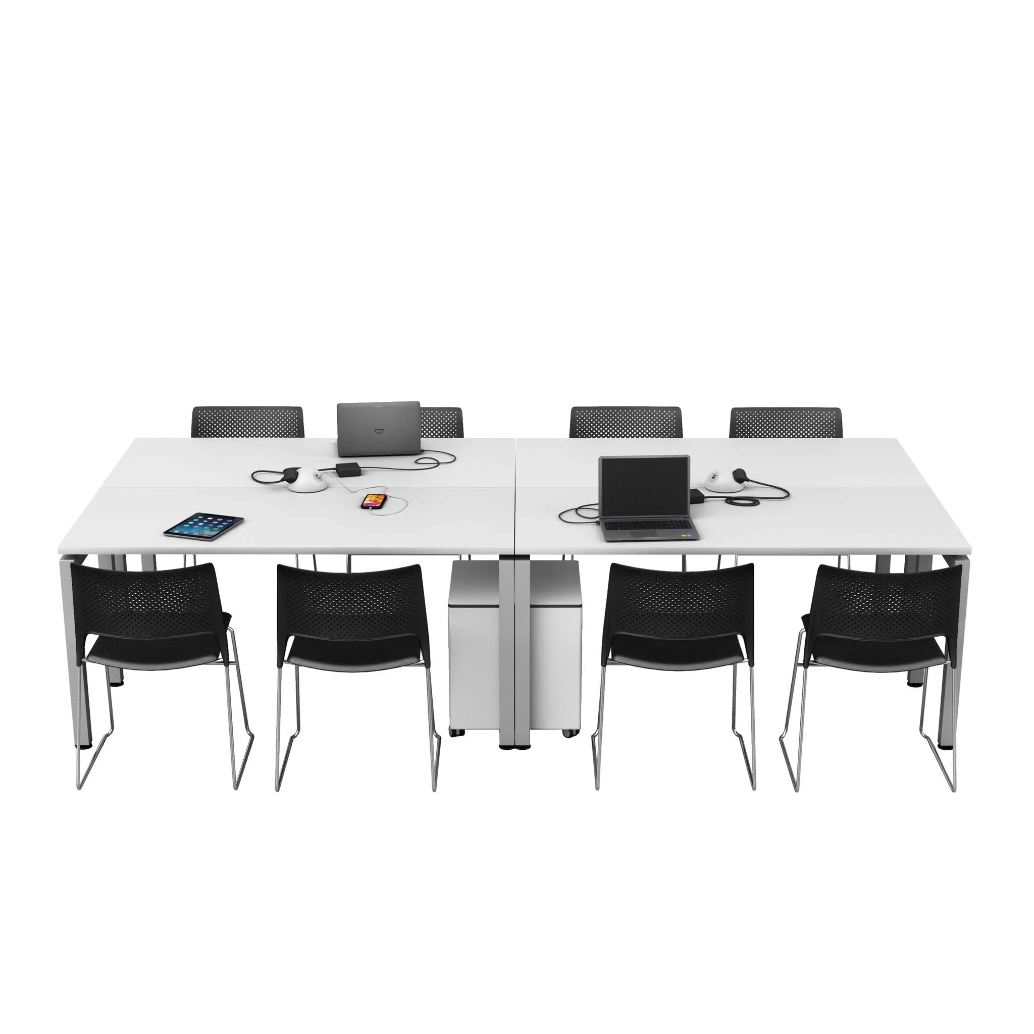 Kantentisch, Konferenztisch, Weiße Oberfläche, Gehäuse/Schublade, Laptop/Tablet-Anordnung