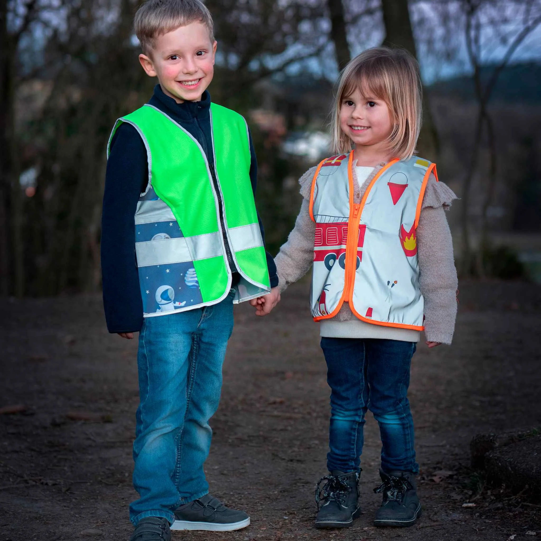 Kinderwarnweste, Sicherheitsweste, Reflektorstreifen, Neongrün, Bedruckt