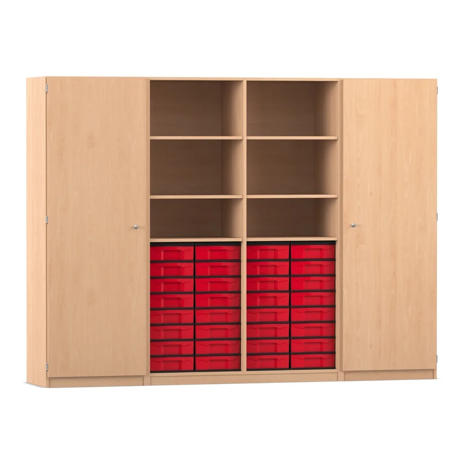 Schrank, Wandregal, Offene Fächer, Rote Aufbewahrungsboxen, Holzoberfläche