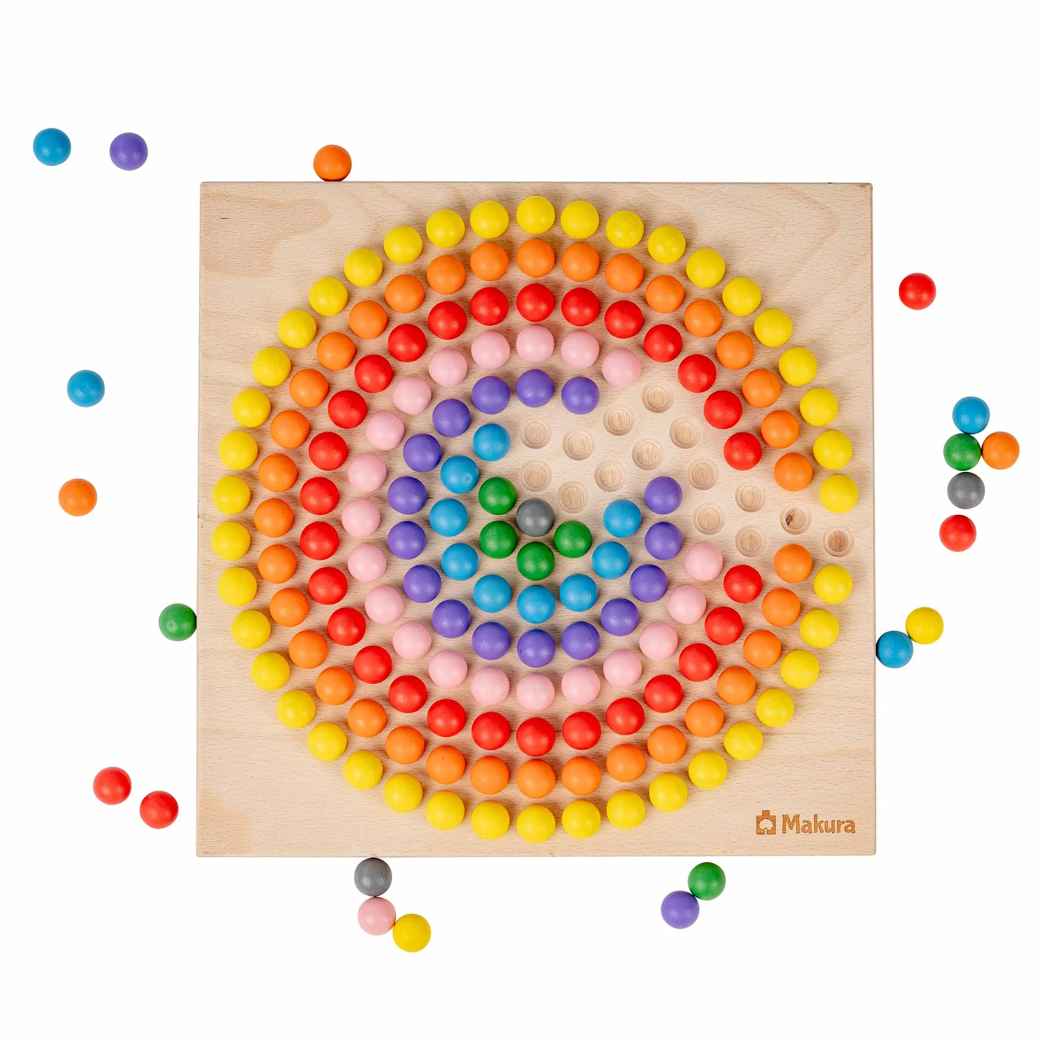 Holzspiel, bunte Kugeln, Spirale, Kugelbahn, Makura-Holz