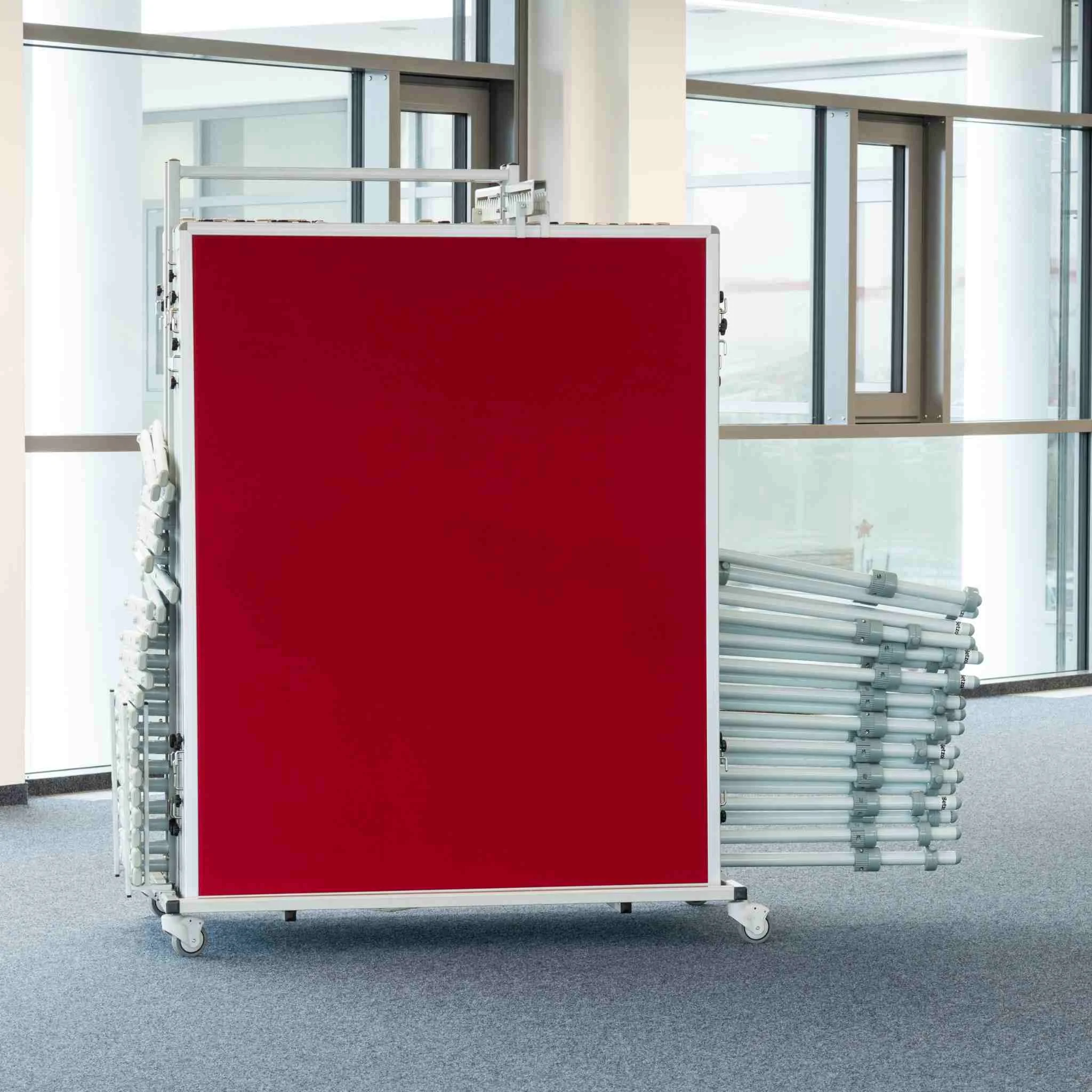 Transporter, Foldable frames, Red panel, Wheeled cart, Stacked mobile frames