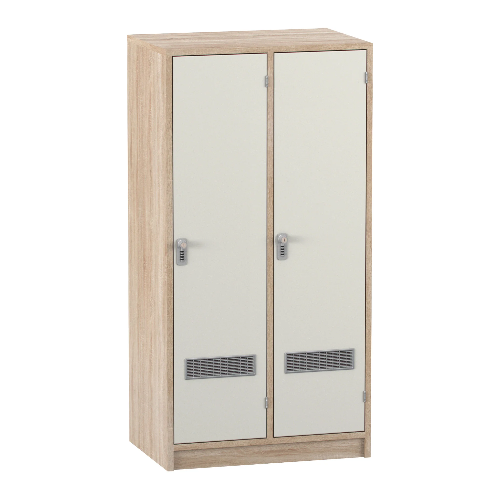Garderobenschrank, Zweiflügel, Holzoptik, Metallgriff, Lüftungsgitter