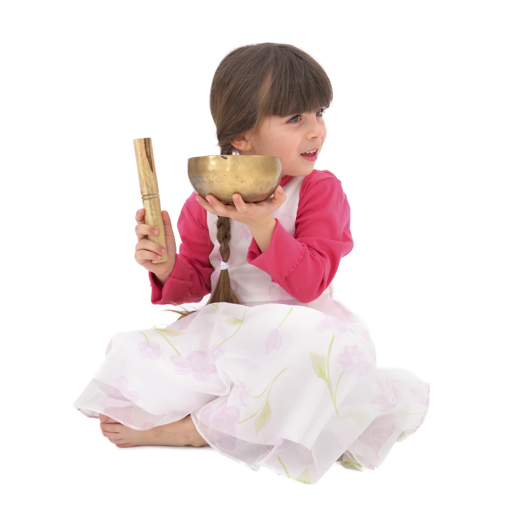 Kinder, Klangschale, Trommel, Holzstab, Kleid pink