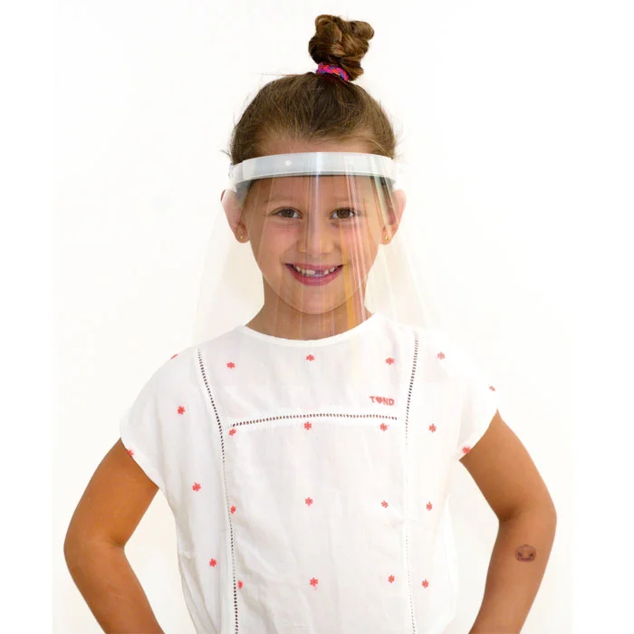 Gesichtsschutz, Kinder, weißes Kleid, rosa Punkte, Dutt