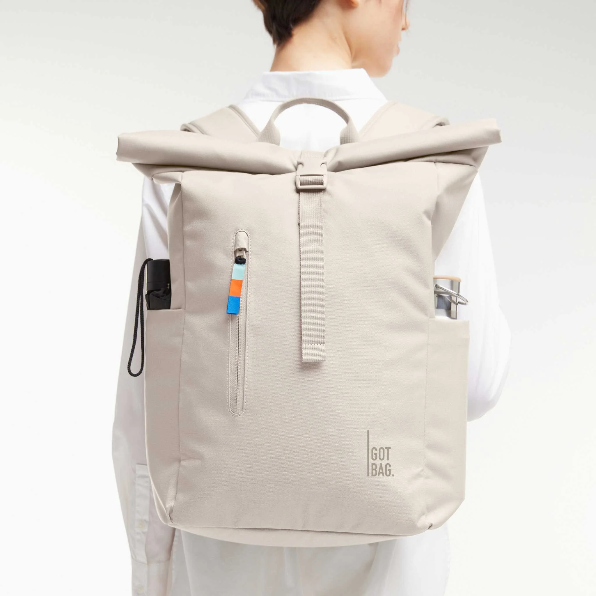 Rucksack, Backpack, Beige, Rolltop, Reißverschluss