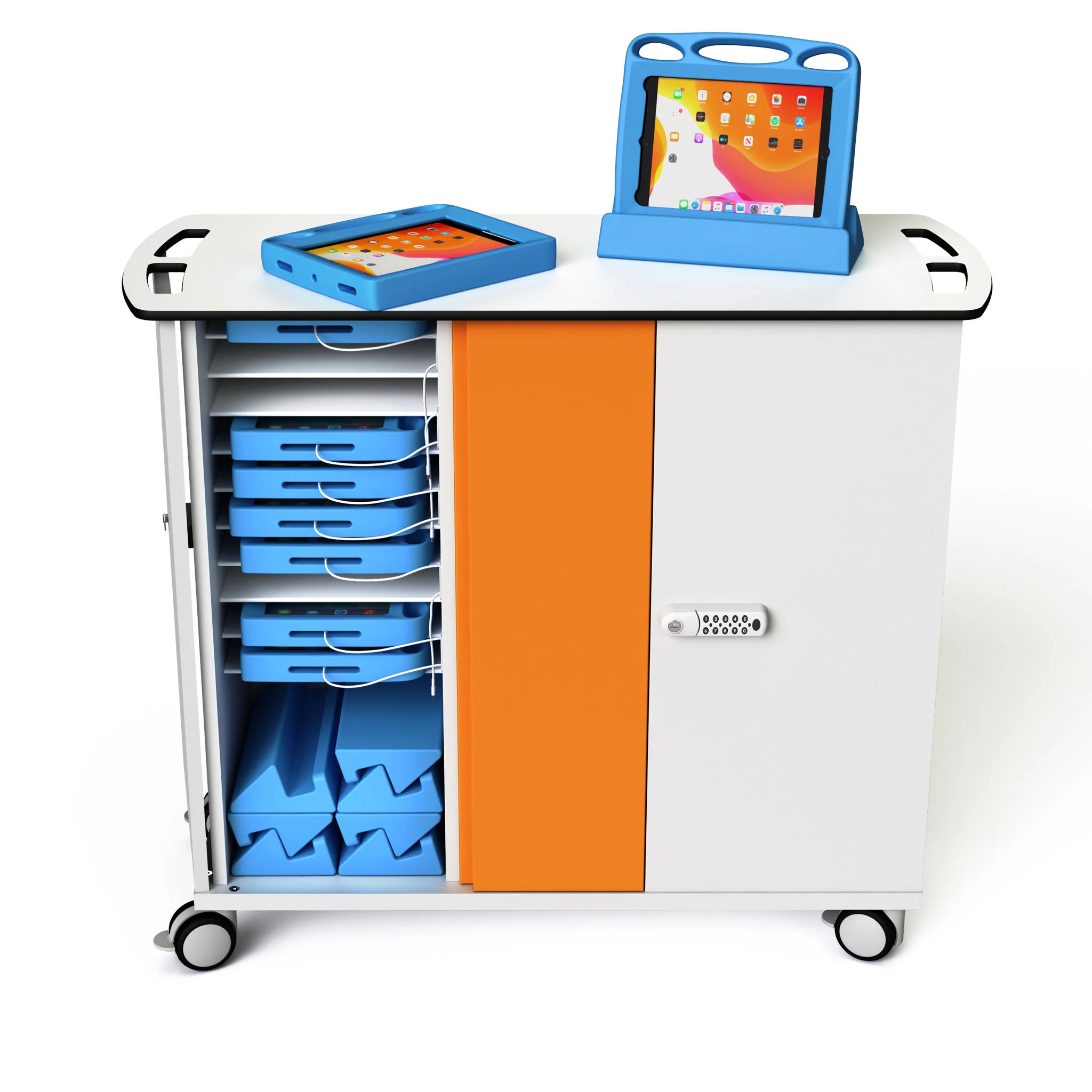 Pädiatrie-Trolley, Tablet-Halterung, Warteschrank-Organizer, Korb-Tragewagen, Farbakzent-Orange
