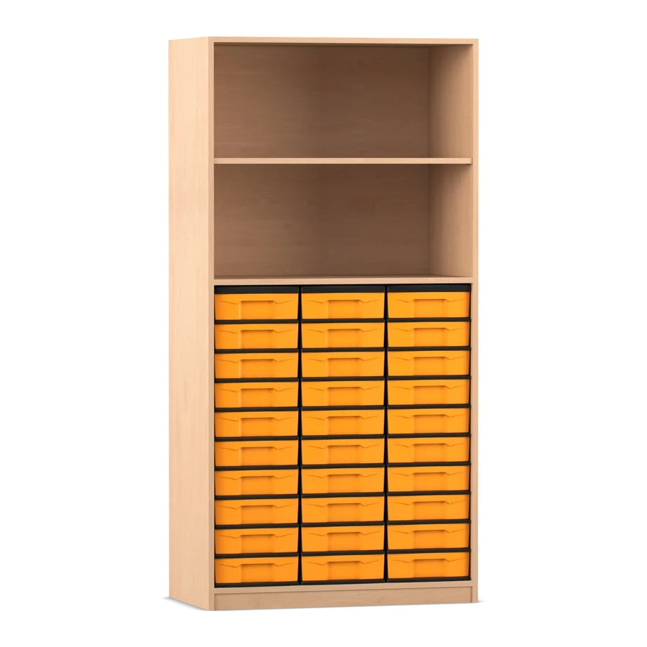 Regale mit 30 flachen Boxen und 2 Böden, davon 1 verstellbar, Buche hell
