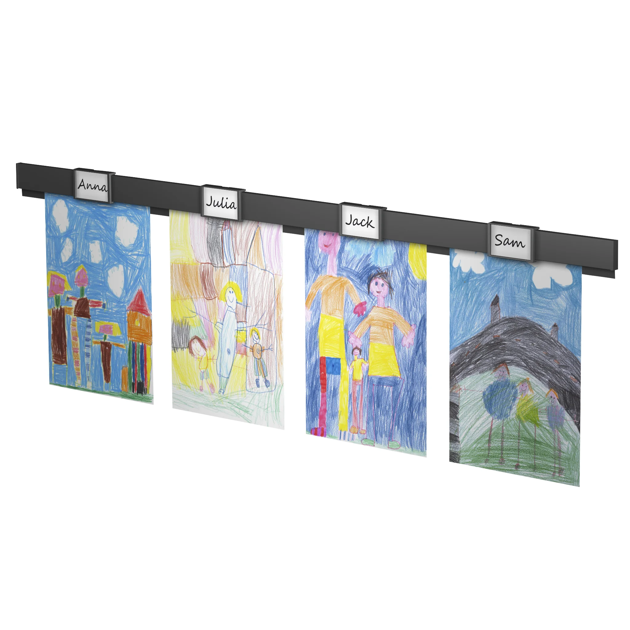 Kinderkunst, Drehbare Vorhänge, Hängende Zeichnungen, Familienportrait, Buntes Kindermuseum