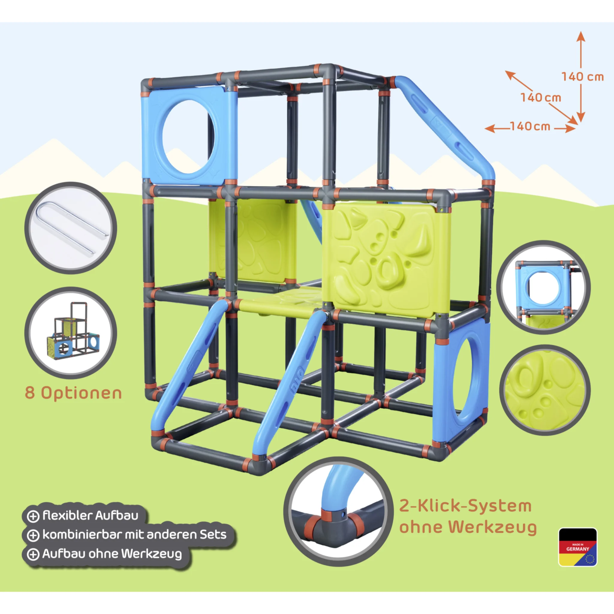 Klettergerüst, Spielturm, Modulares System, Plastikplatten, Blaue Treppe