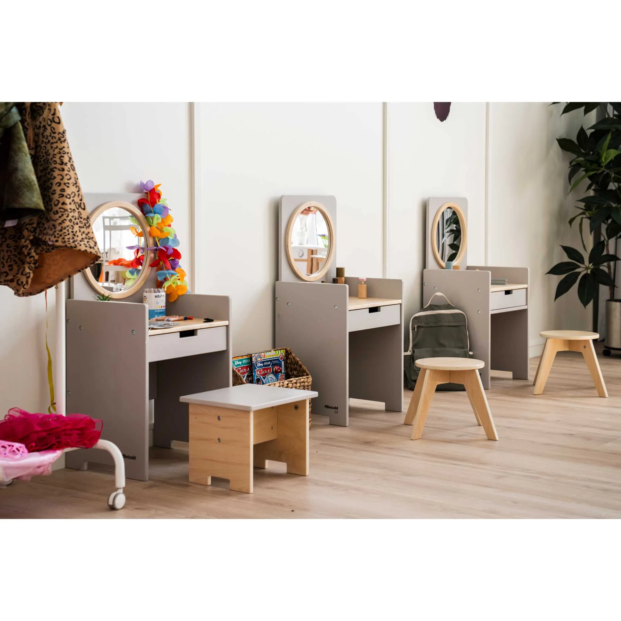 Kinderfriseurstühle, Spiegel mit Rahmen, Hocker, Holzstuhl, Aufbewahrungskorb