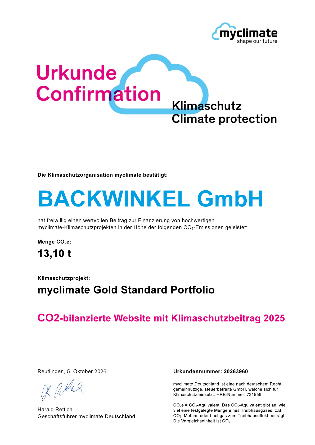 zertifikat, klimaschutz, CO2-Emissionen, portfolio, myclimate
