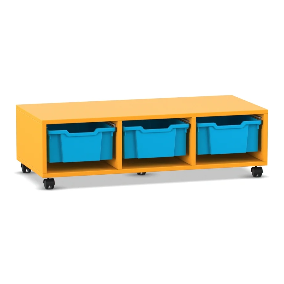 Lowboard, Aufbewahrungskubel, orangefarbenes Regal, blaue Behälter, rollbares Aufbewahrungssystem
