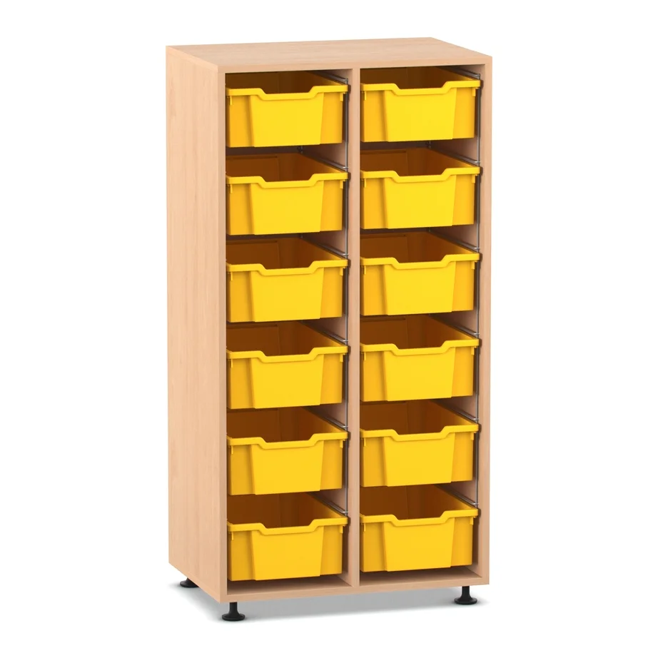 Mittelhohes Regal, 143,9 x 73,1 x 48, mit 12 Boxen, Buche hell