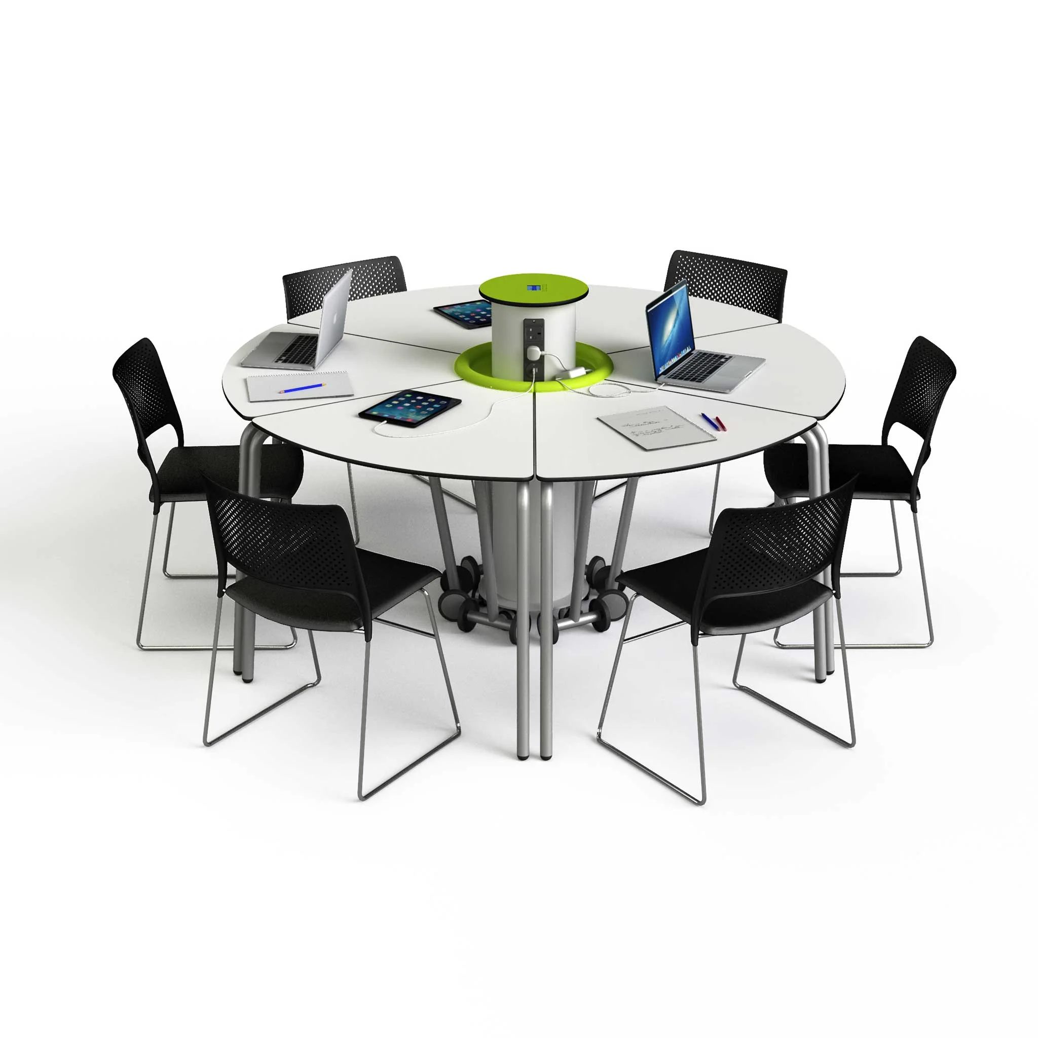 runder tisch, konferenztisch, schreibtisch tisch, zusammenklappbares zentrum, schwarze stühle