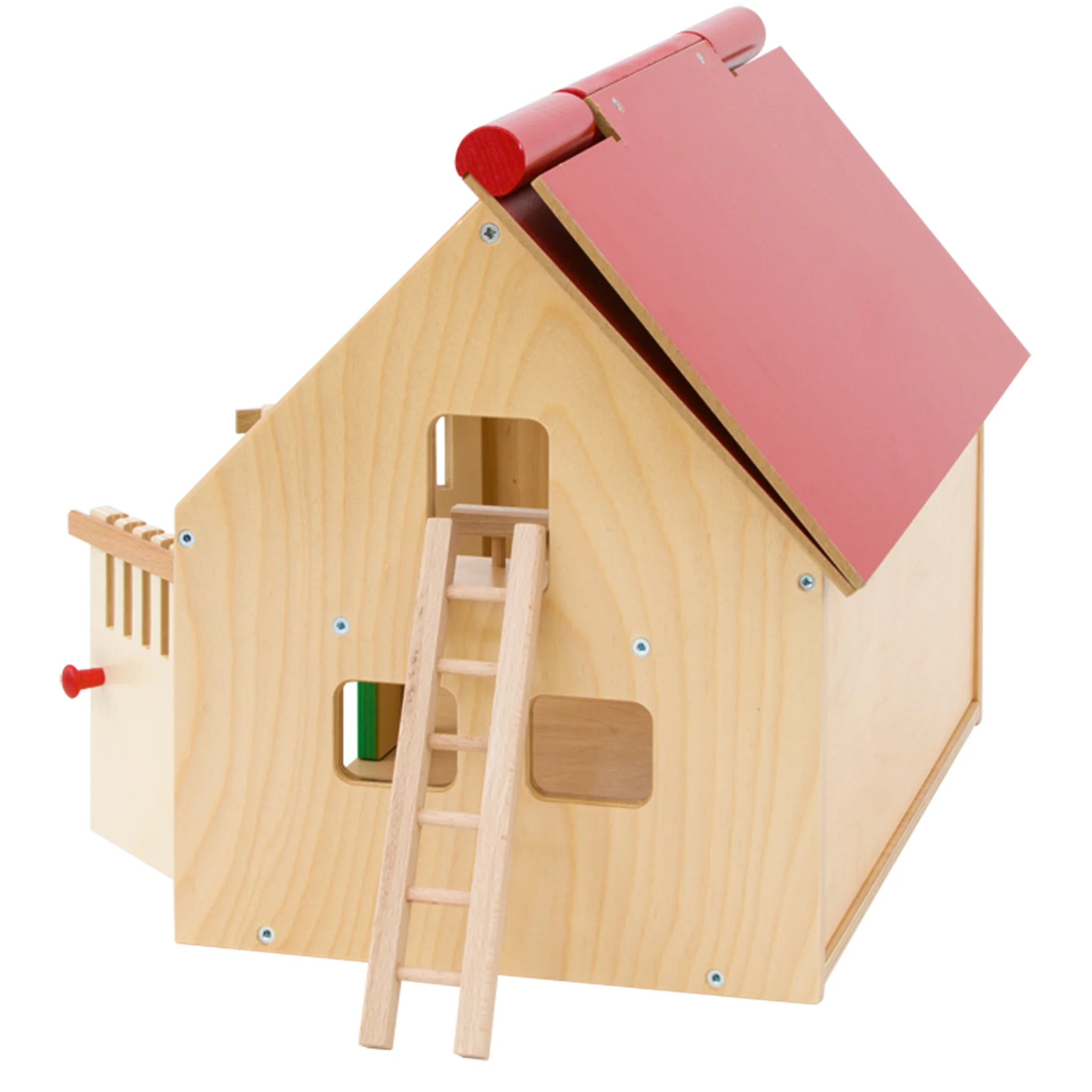 Holzspielhaus, Kinderspielzeug, Drewnertes Spielhaus, Leiter, Rotes Dach