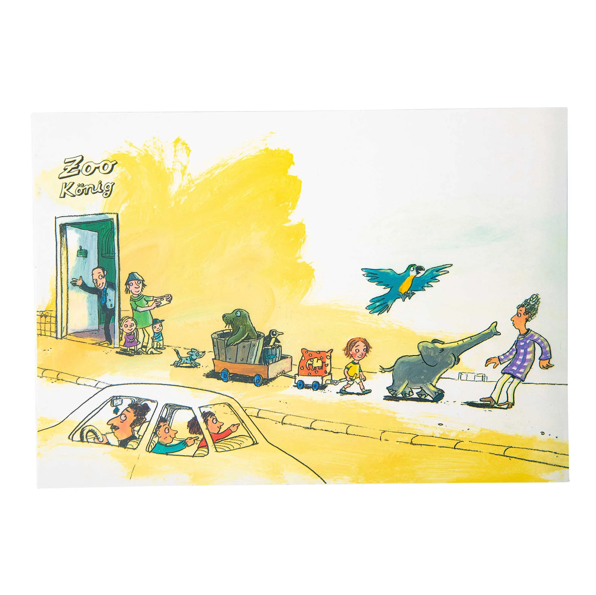 Kinderbuch, Zoo, Tierfiguren, Straßenszene, Auto