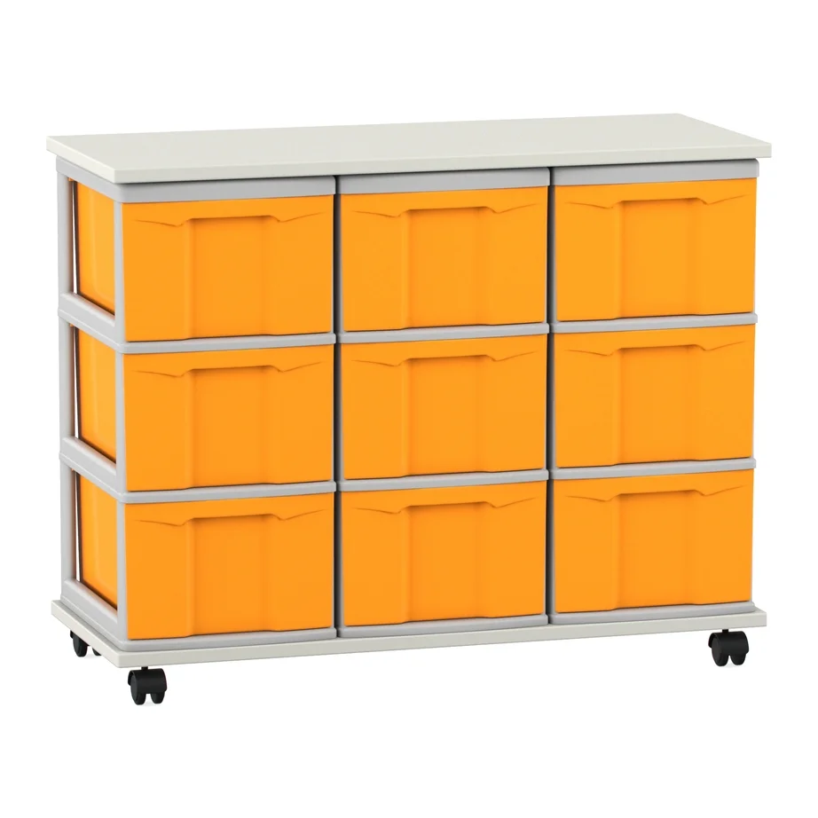 Aufbewahrungsschrank, orange Farben Behälter, mobiler Stauraum, Plastikbehälter, Rollwagen mit Behältern