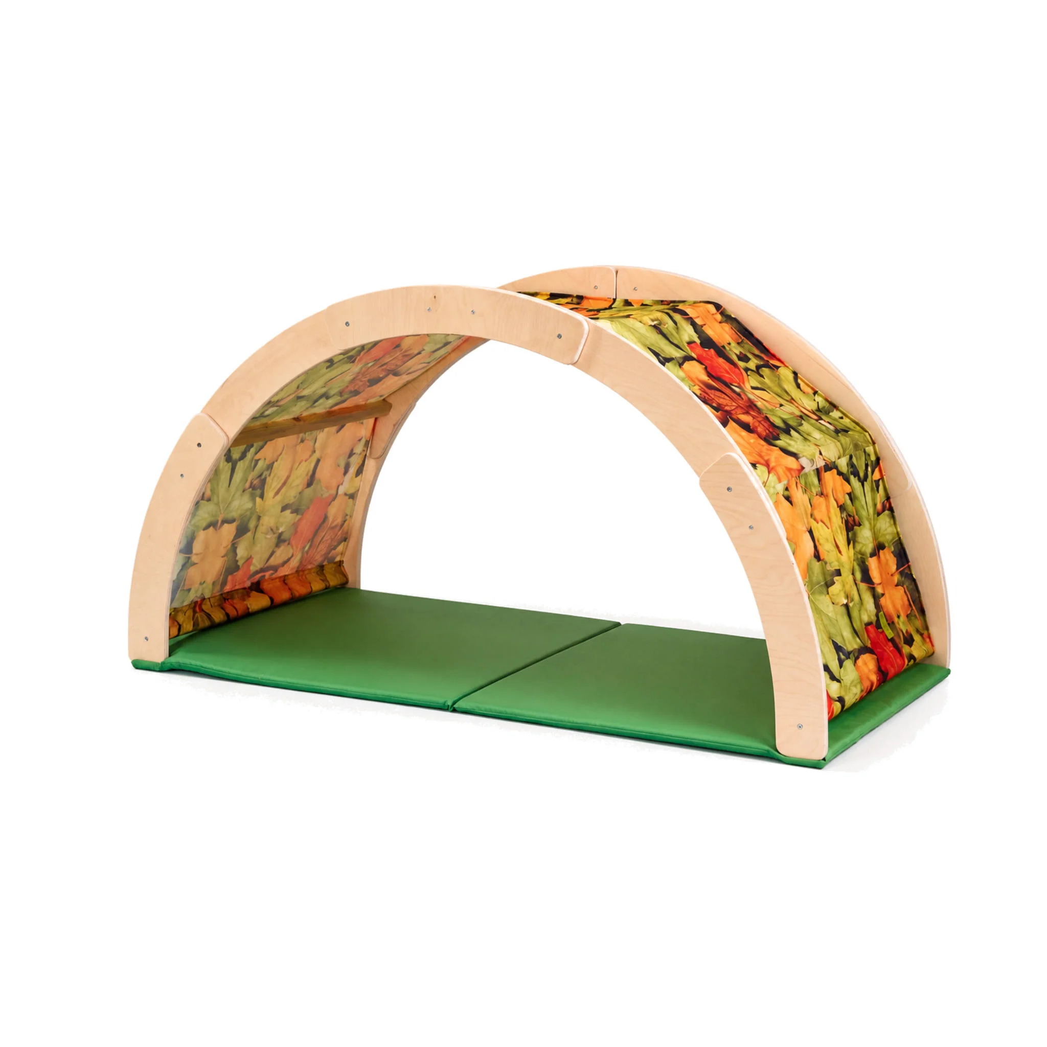 Kinderspielbogen, Rundbogen, Holzrahmen, grüne Matte, buntes Muster