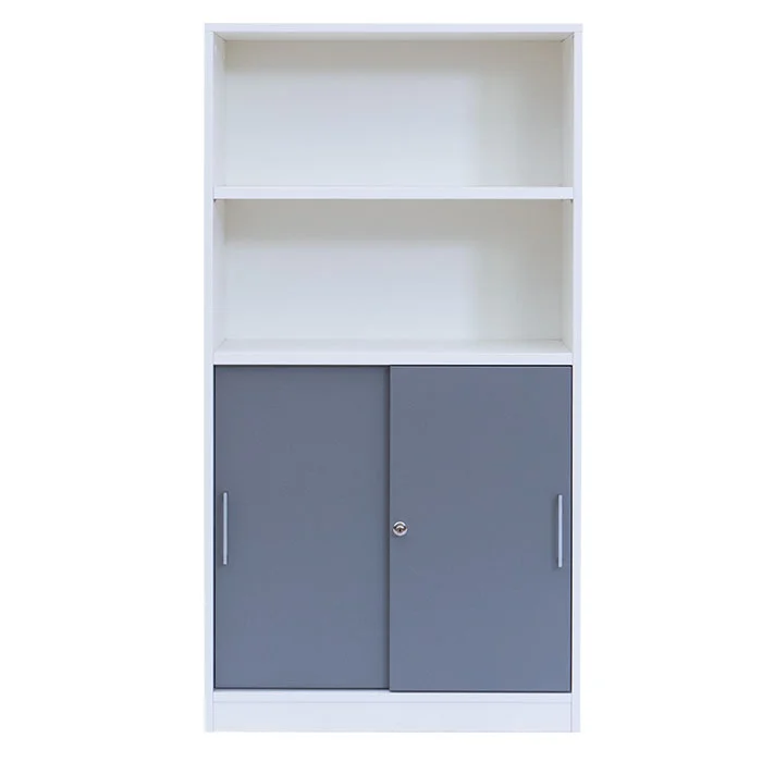 FLEXEO® Office – Schiebetüren-Schrank mit 2 offenen Fächern H: 150,5 cm, Bogengriff mit Schloss
