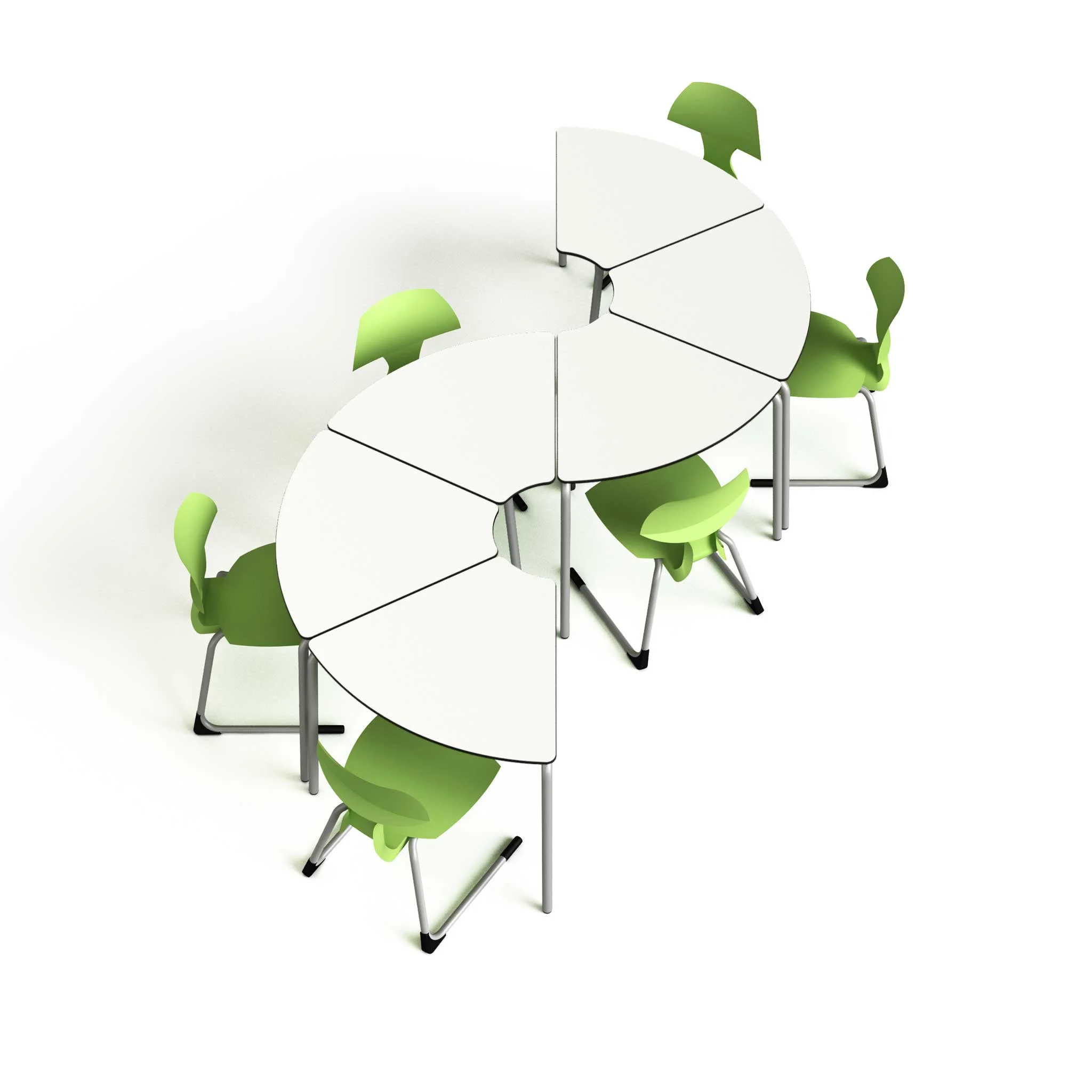 Meeting room, Conference table, Modular table, White surface, Green chairs