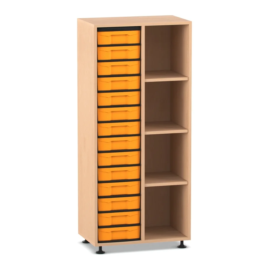 Halbhohes Regal, 151,8 x 66,5 x 40,8, mit 4 Fächern und 14 Boxen, Buche hell