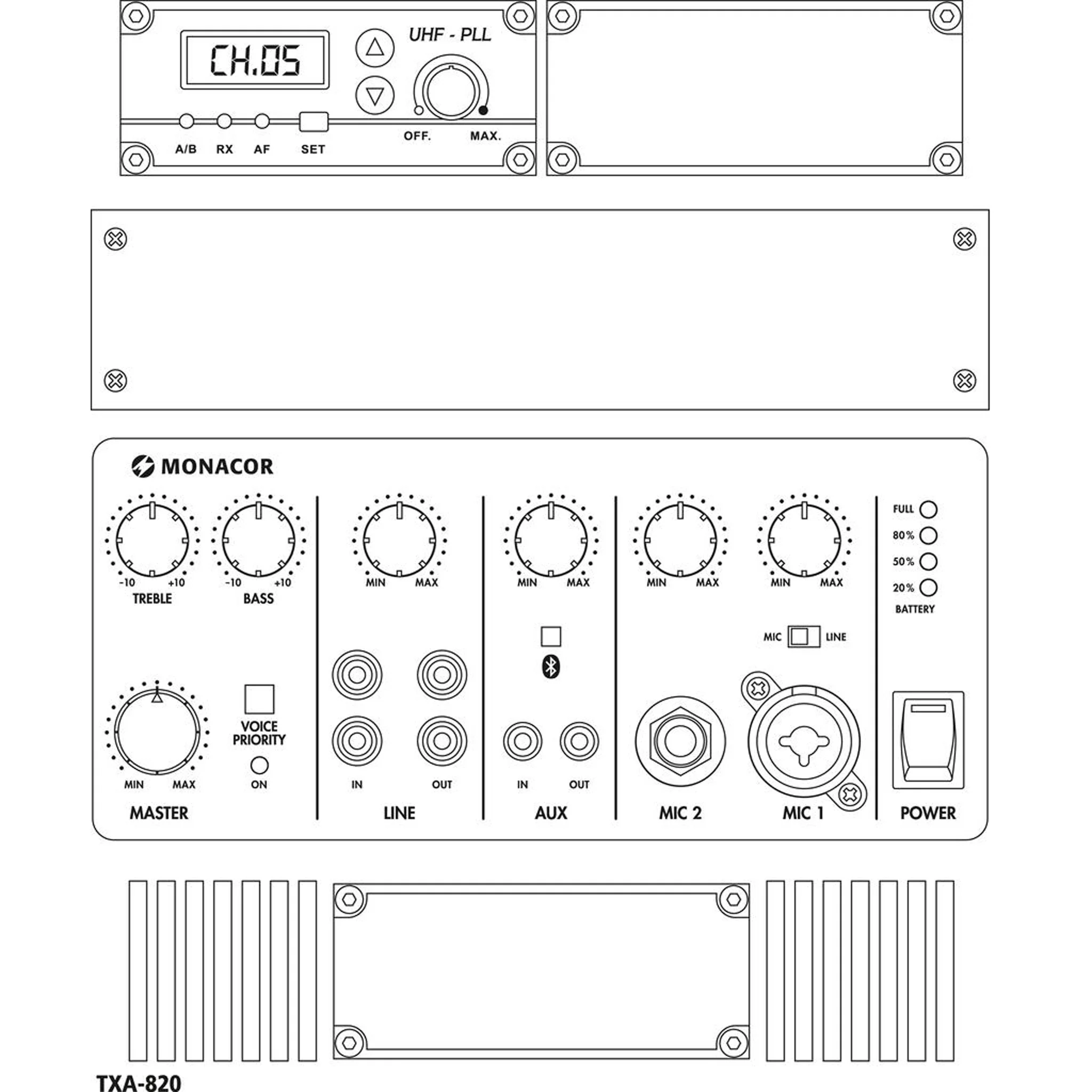 Controller, Audio-Mischer, Rackmontage, Mikrofon-Eingänge, Hochtöne Bass