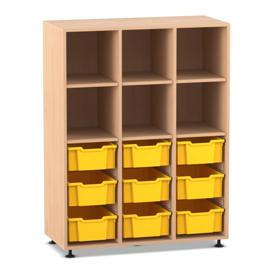 Mittelhohes Regal, 143,9 x 108,5 x 48 cm, mit 9 Boxen und 6 Fächern, Buche hell