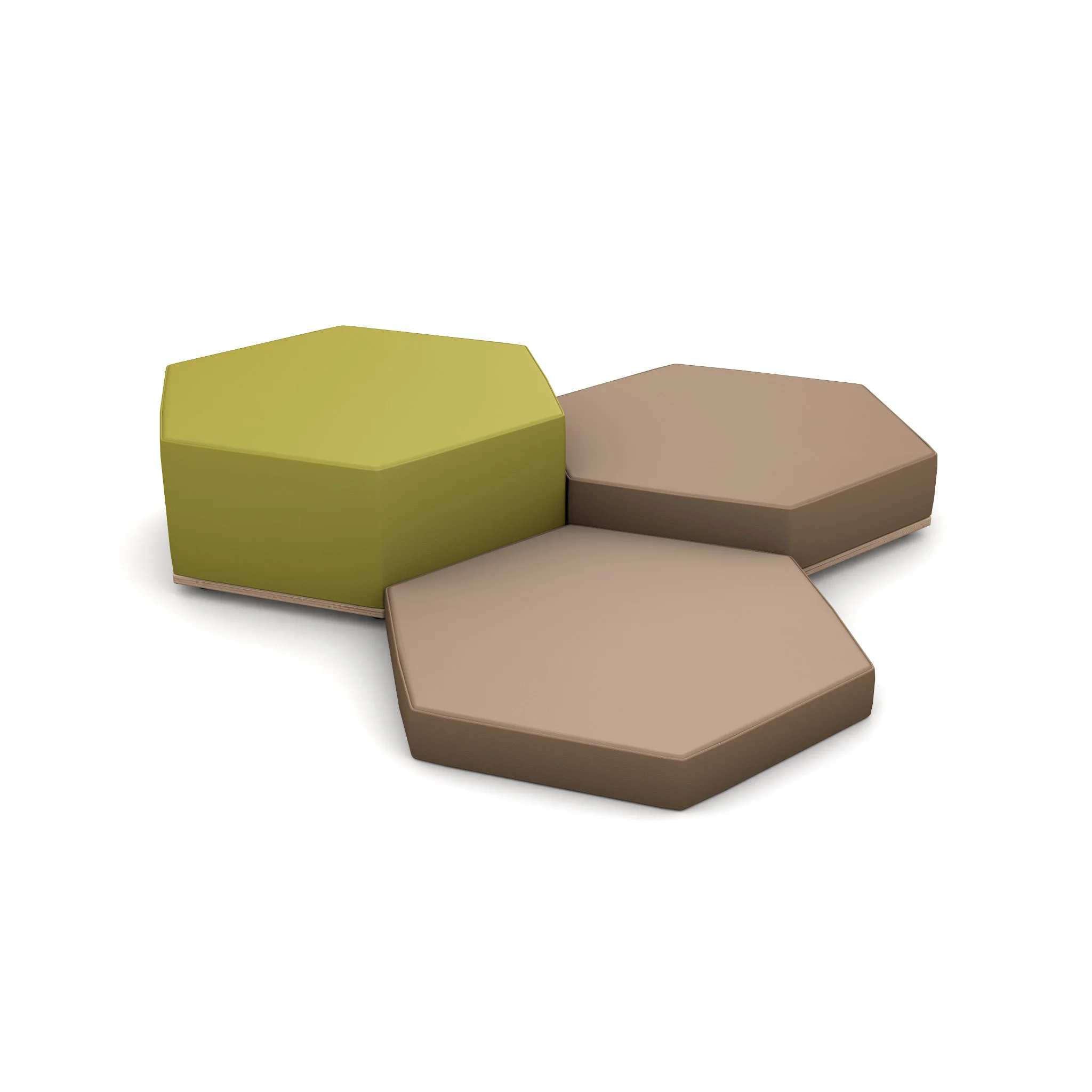 Hexagonaler Hocker, Modulares Sitzmöbel, Beige Braun, Grüne Akzentfarbe, Sanfte Kanten