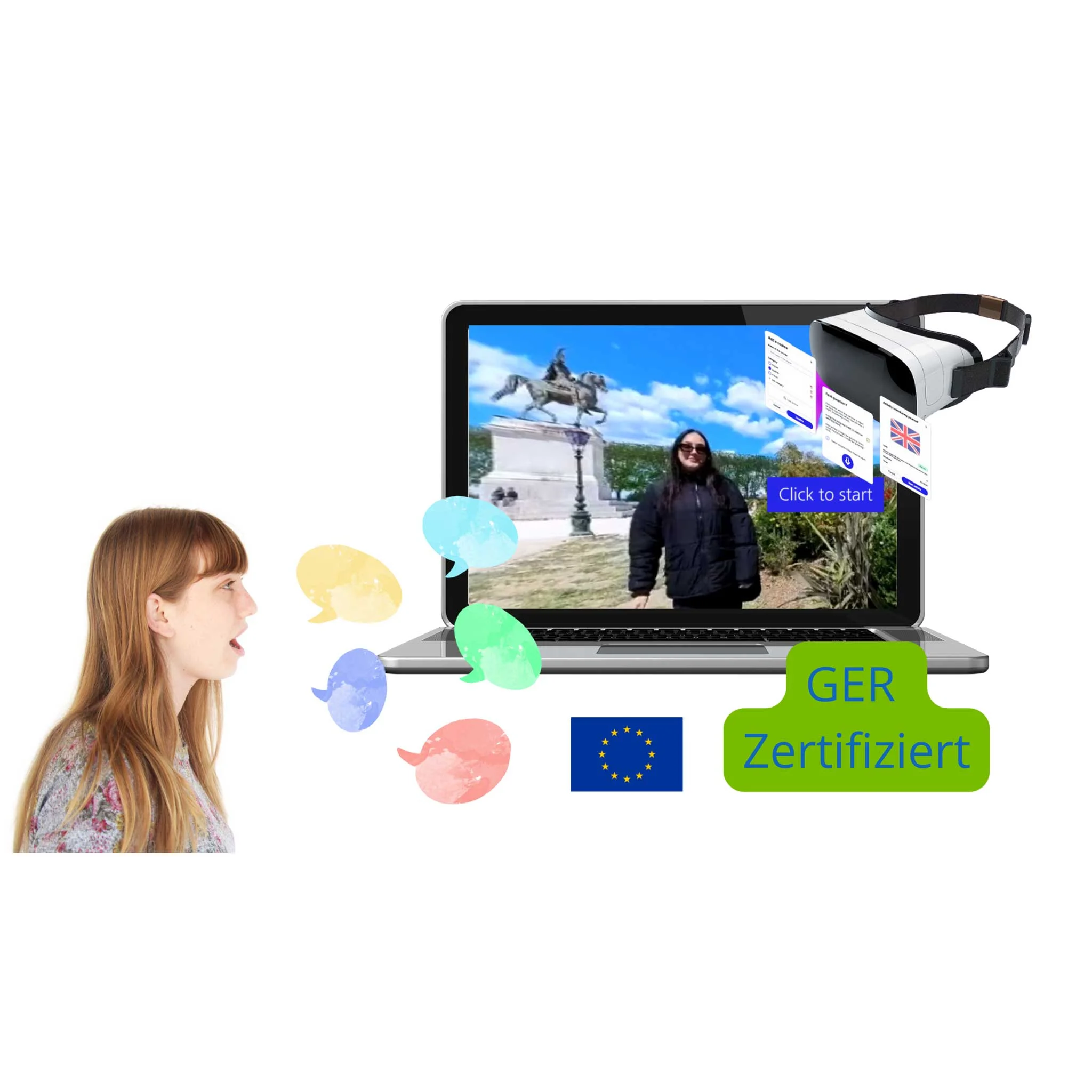 virtuelle Realität, VR-Headset, Laptop, Sprechblasen, Europäische Union