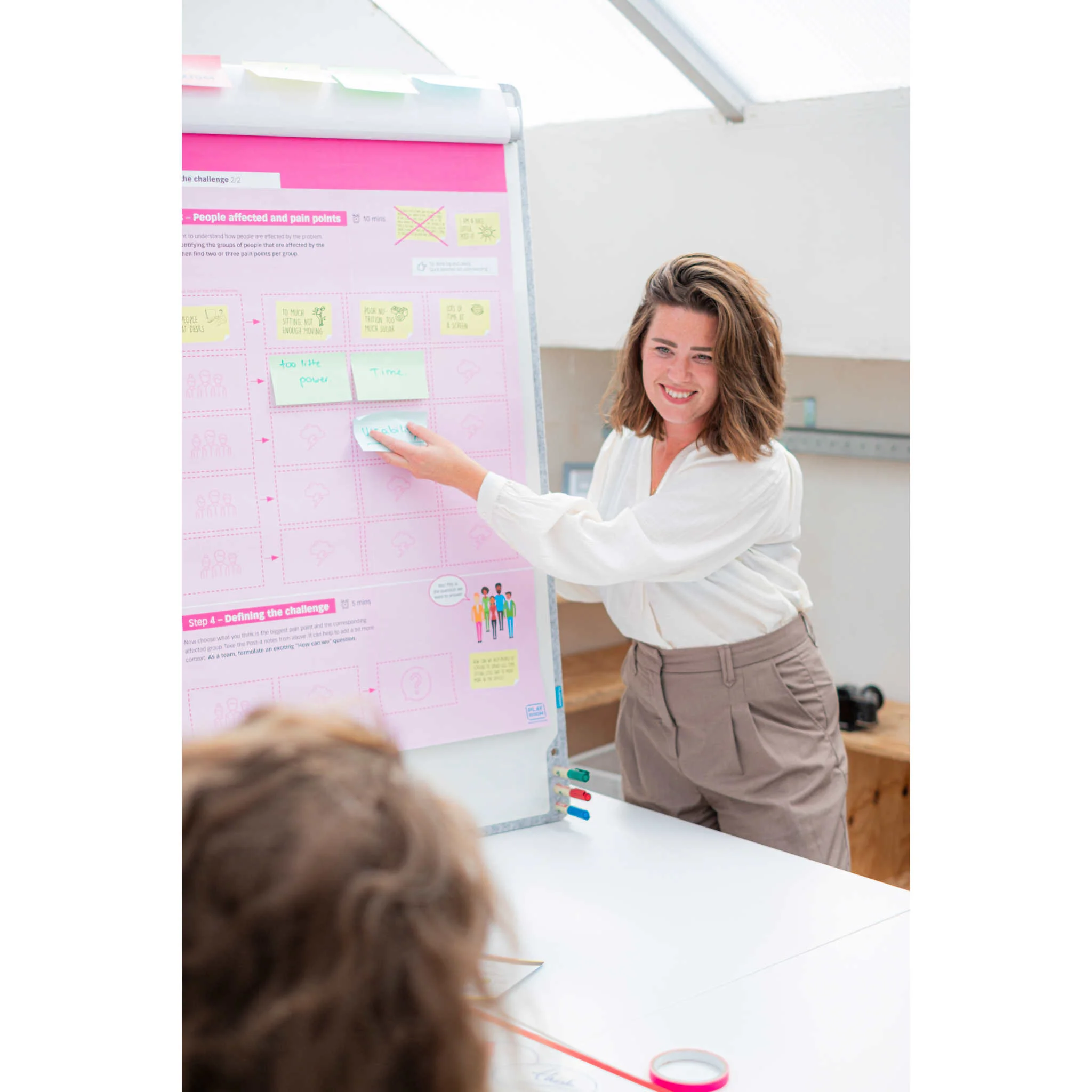 White blouse, Beige pants, Office assistant, Presentation board, Sticky notes