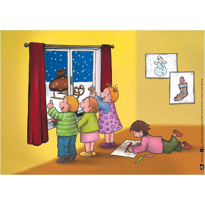 Kinder, Szene, Fensterblick, Winter, Zeichnung