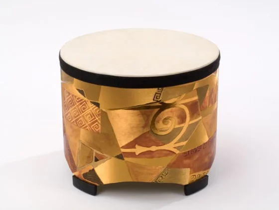drum, drum perf, decorative drum, gold patchwork, wooden base