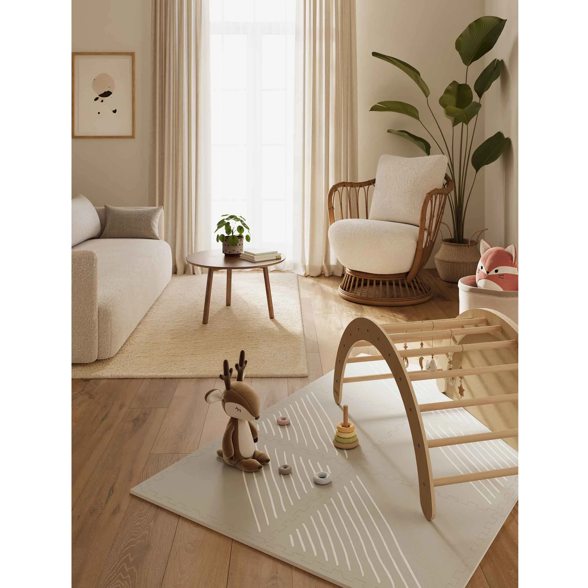 Wohnzimmer, Kinderzimmer, Spielmatte, Holzspielzeug, Pflanze