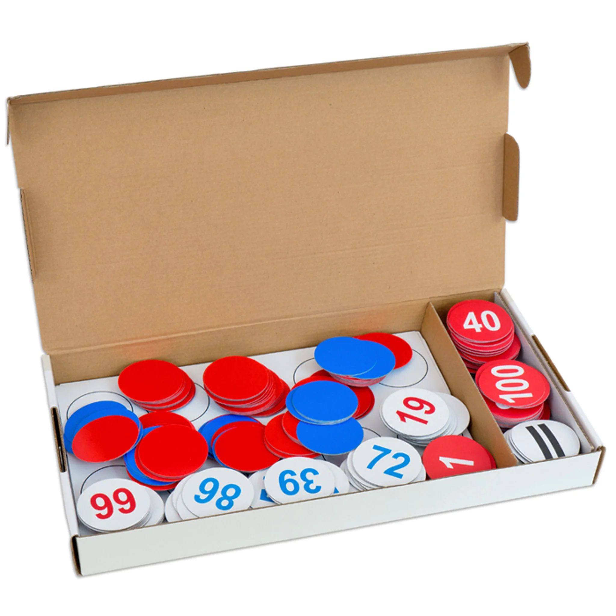 board-game, zahlenscheiben, kartonbox, rot-blau-weiß, runde scheiben