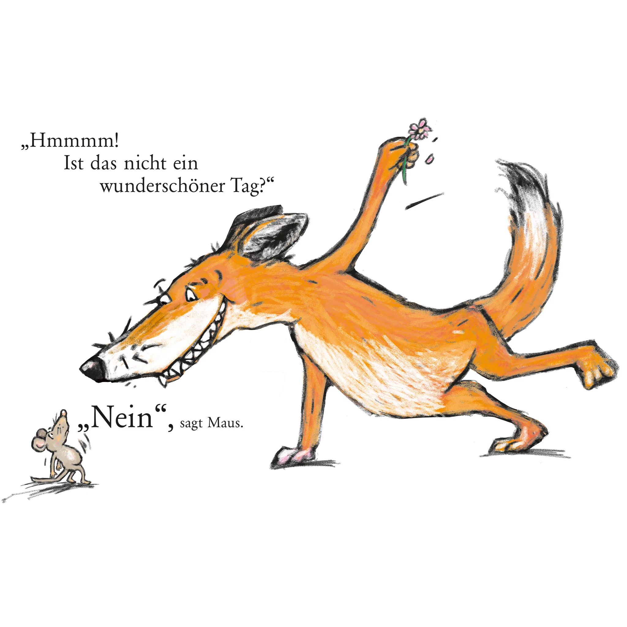 Cartooner Wolf, Orange Wolf, Kleine Maus, Blume Blüten, Verspielte Szene