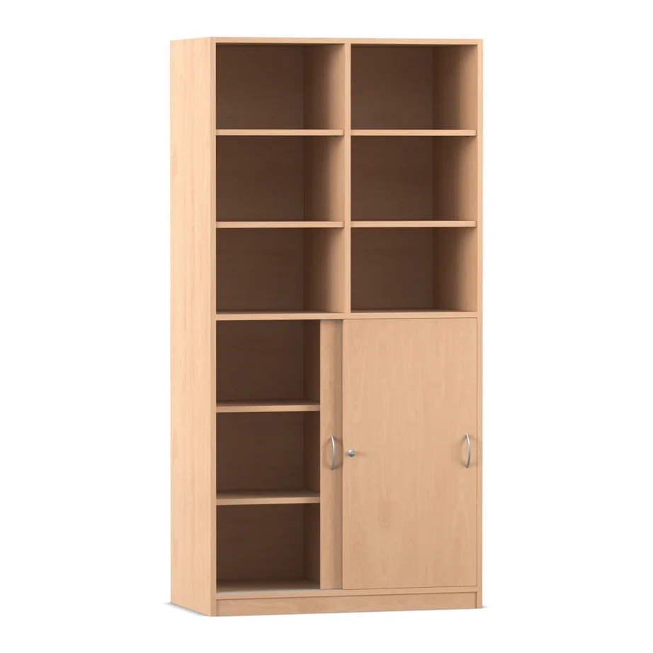 Schiebetüren-Schrank mit Mittelwand, 190 x 94,4 cm, unten Halbtüren und oben Regal, Buche hell