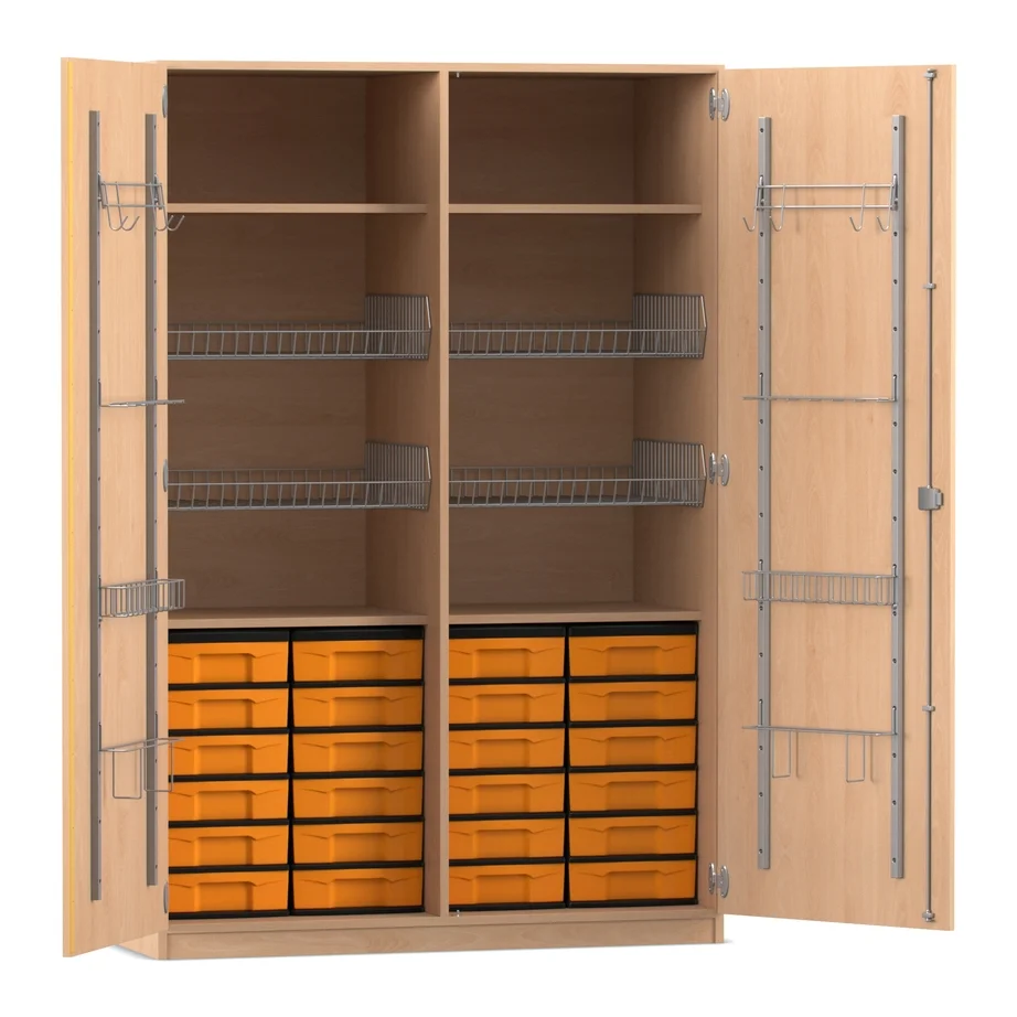 Sportschrank, 190 x 126,4 x 60 cm, mit 4 Gitterkörben, 24 Boxen und Türen mit Gerätehaken, Buche hell