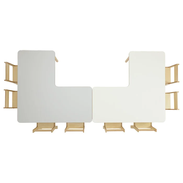modularer Schreibtisch, klappbarer Schreibtisch, ineinander greifender Schreibtisch, Holzbeine, weiße Schreibtischplatten