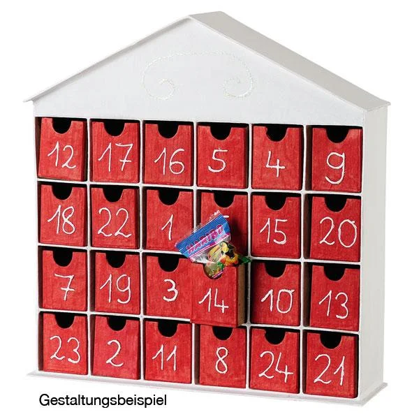Adventskalender, Holz, kleine Fächer, rot, Zahlen