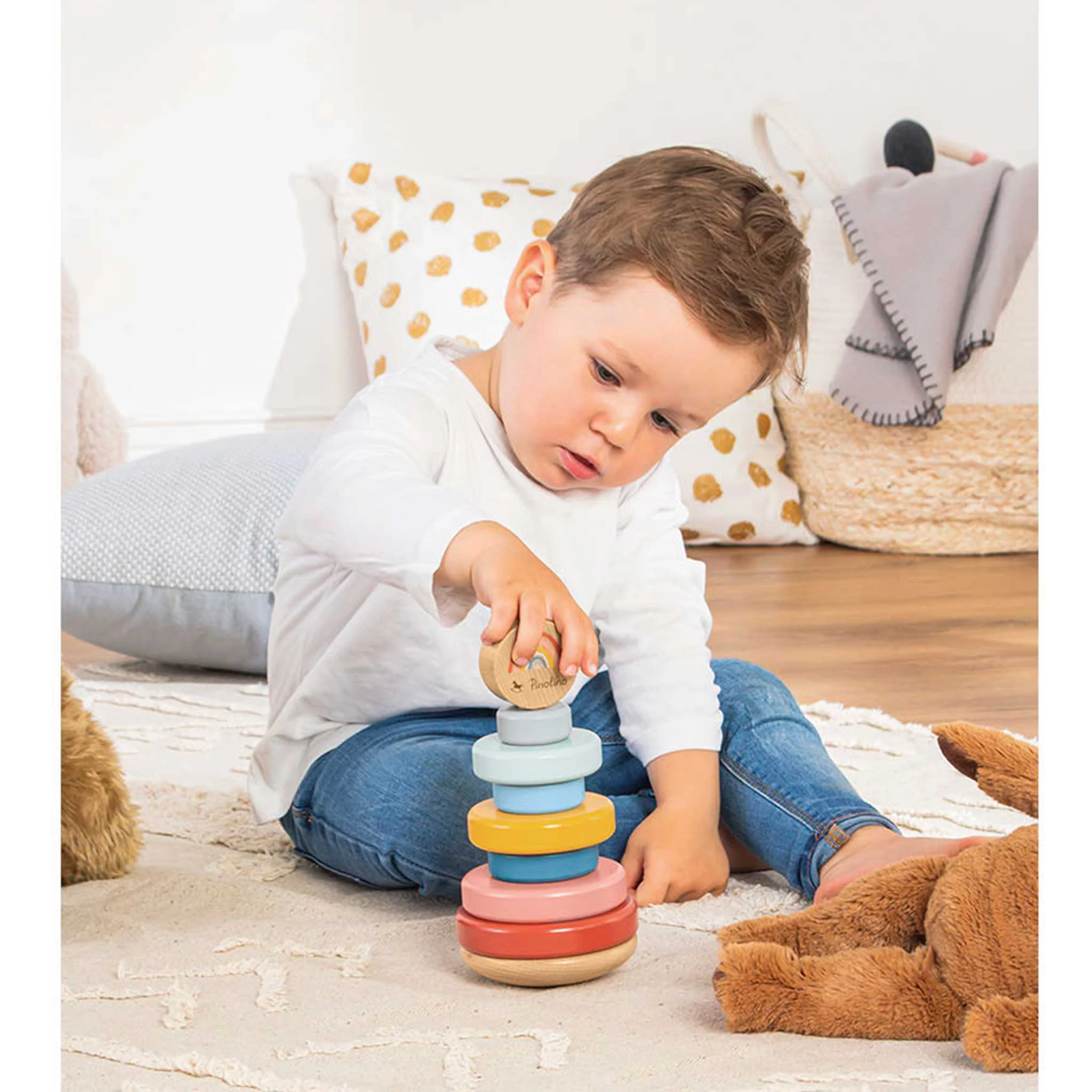 Holz-Stapelspielzeug, Stapelringe aus Holz, Babyspielzeug, Holzbausteine, buntes Spielzeug