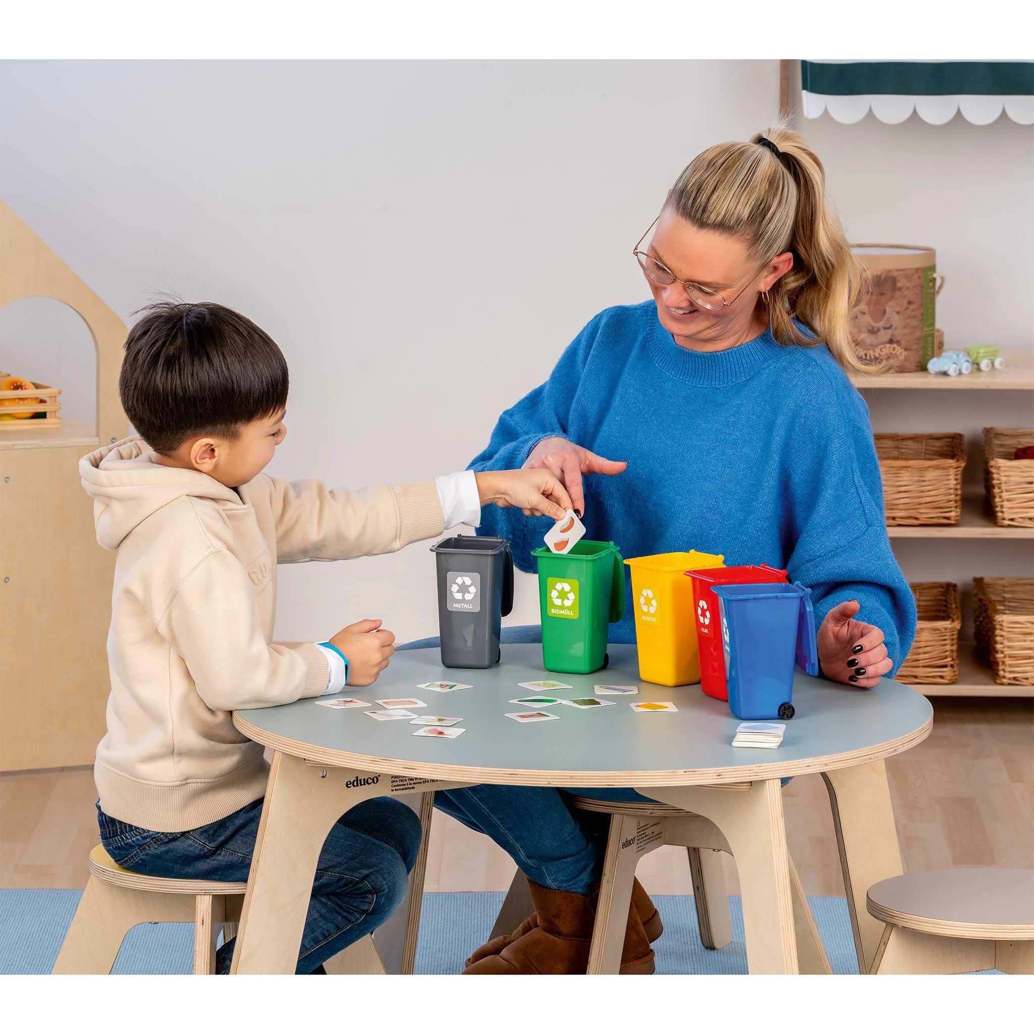 Kinder Tisch, Lernspiel, Mülltrennung, Sortierkasten, Stickerkarten