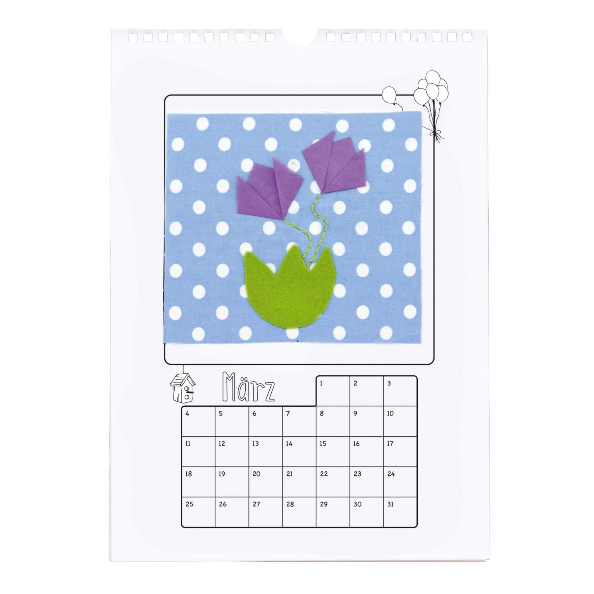 Mondkalender, März, Polka-Druck, blaues Quadrat, Papierkunst