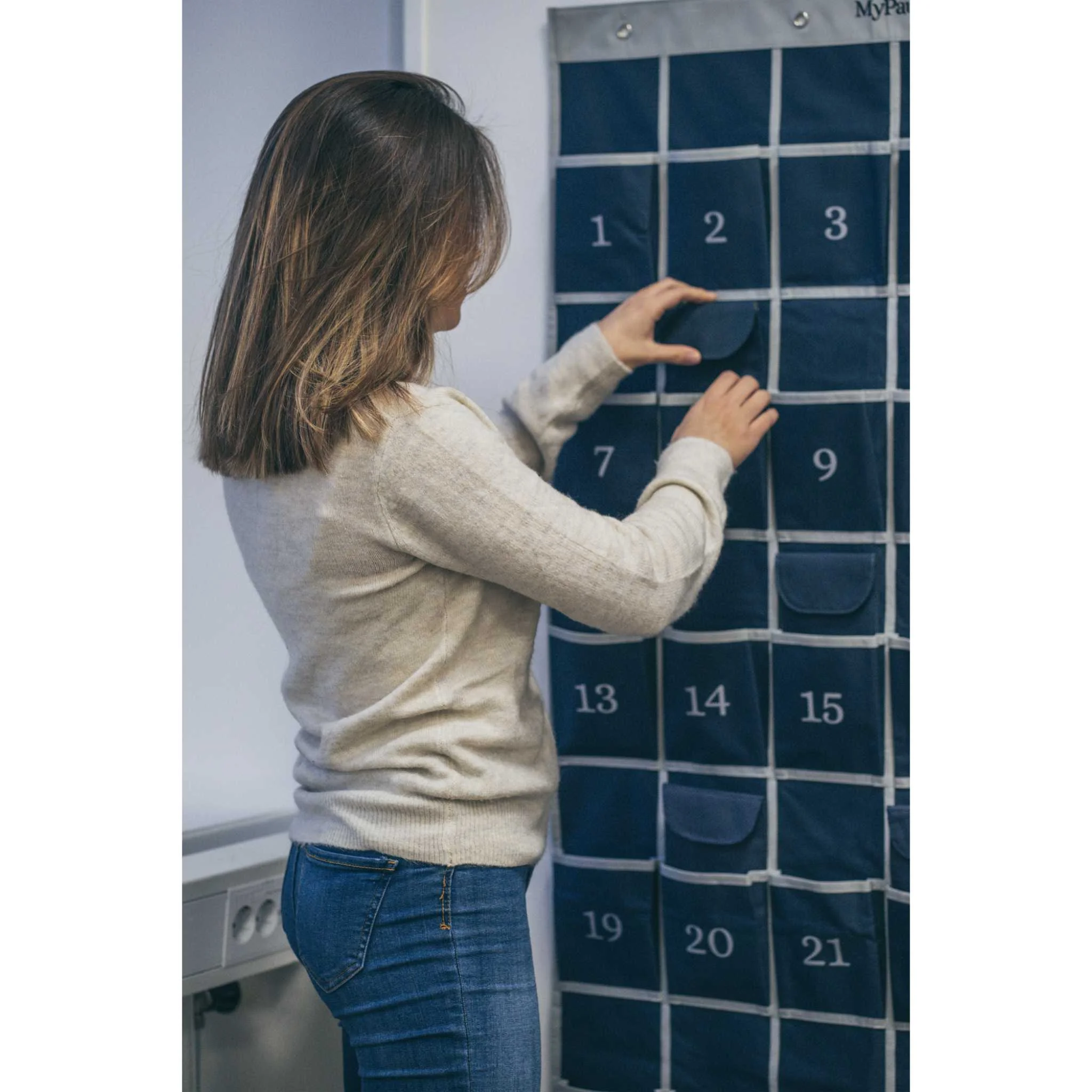 kalender, organizer, fabric taschen, blaue taschen, wandkalender