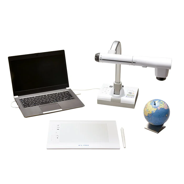 Mikroskop, Laptop, Schreibtablett, Globus, Digitale Lehrmittel