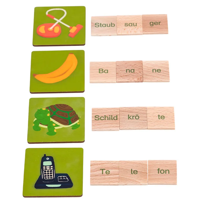 Holzspielzeug, Tierbild, Telefon, Bananen, Hinweis: Lehrmaterial