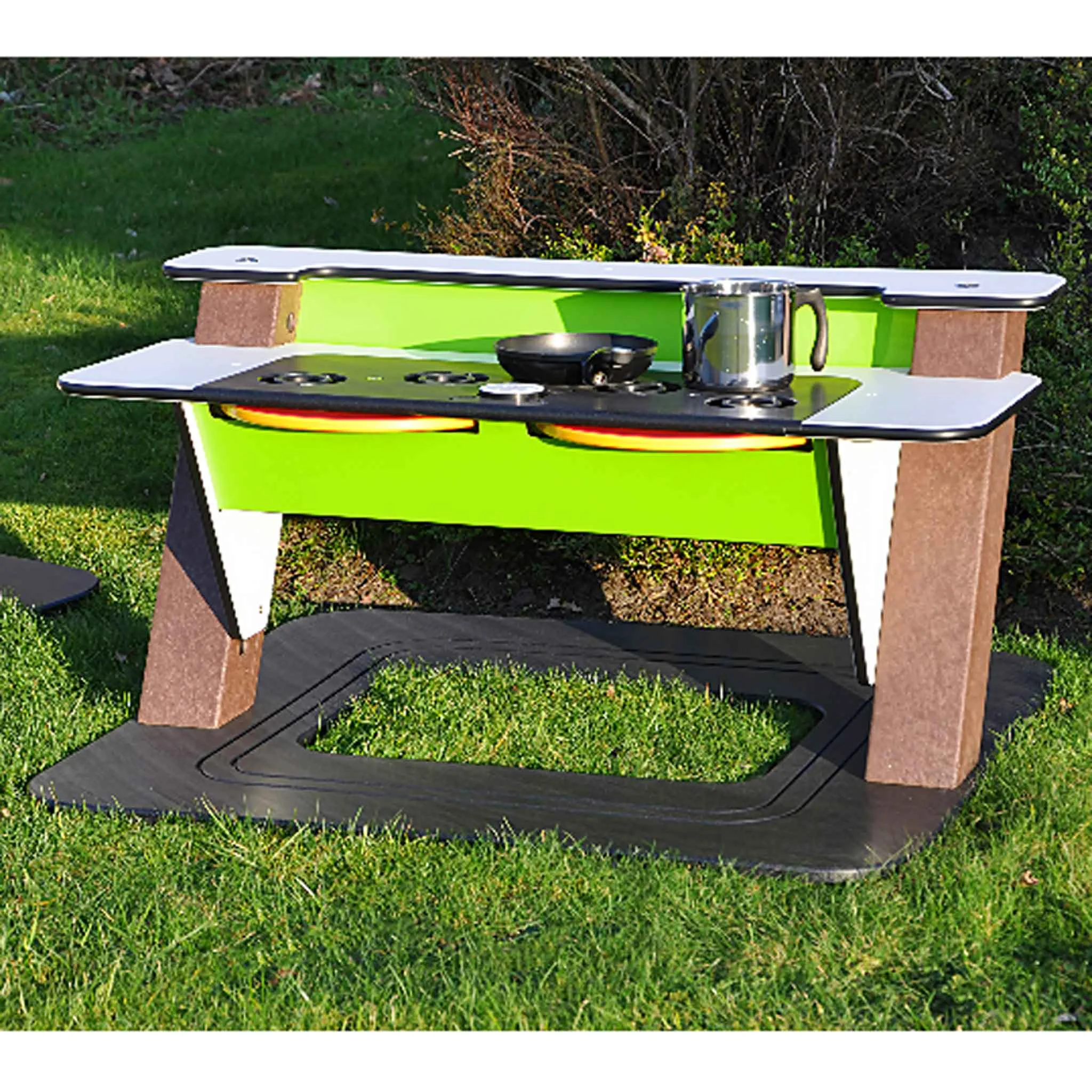 Outdoor BBQ table, Play kitchen, Green table, Stove top, Pot with kettle