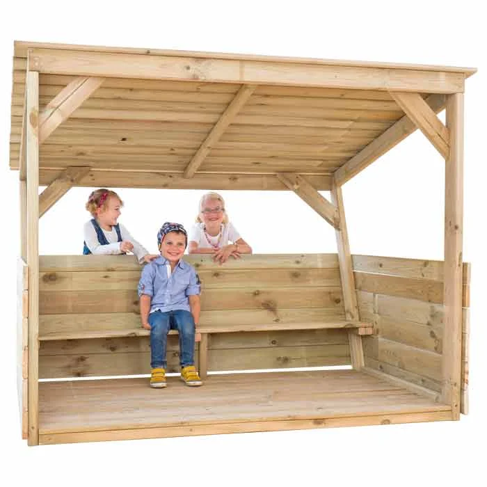 holzbau, kinderbank, sandkastenhaus, holzrahmen, schattiger schutz
