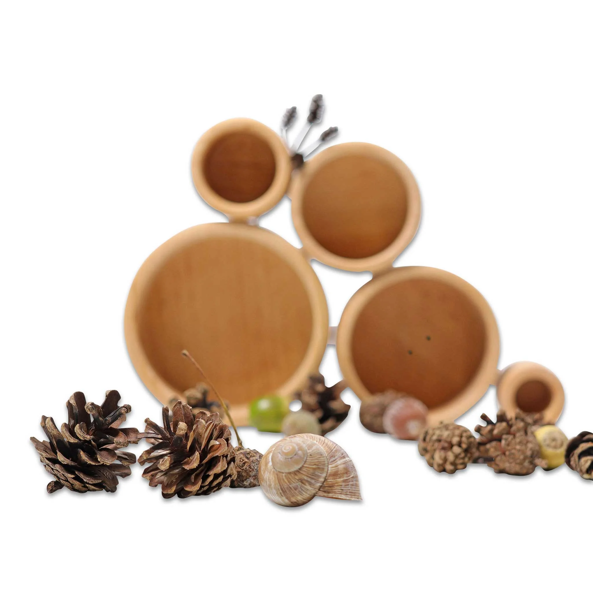 Holzschüssel-Set, Kegelförmige Schalen, Naturholz, Deko-Behälter, Kiefernadeln/Pilze als Dekor